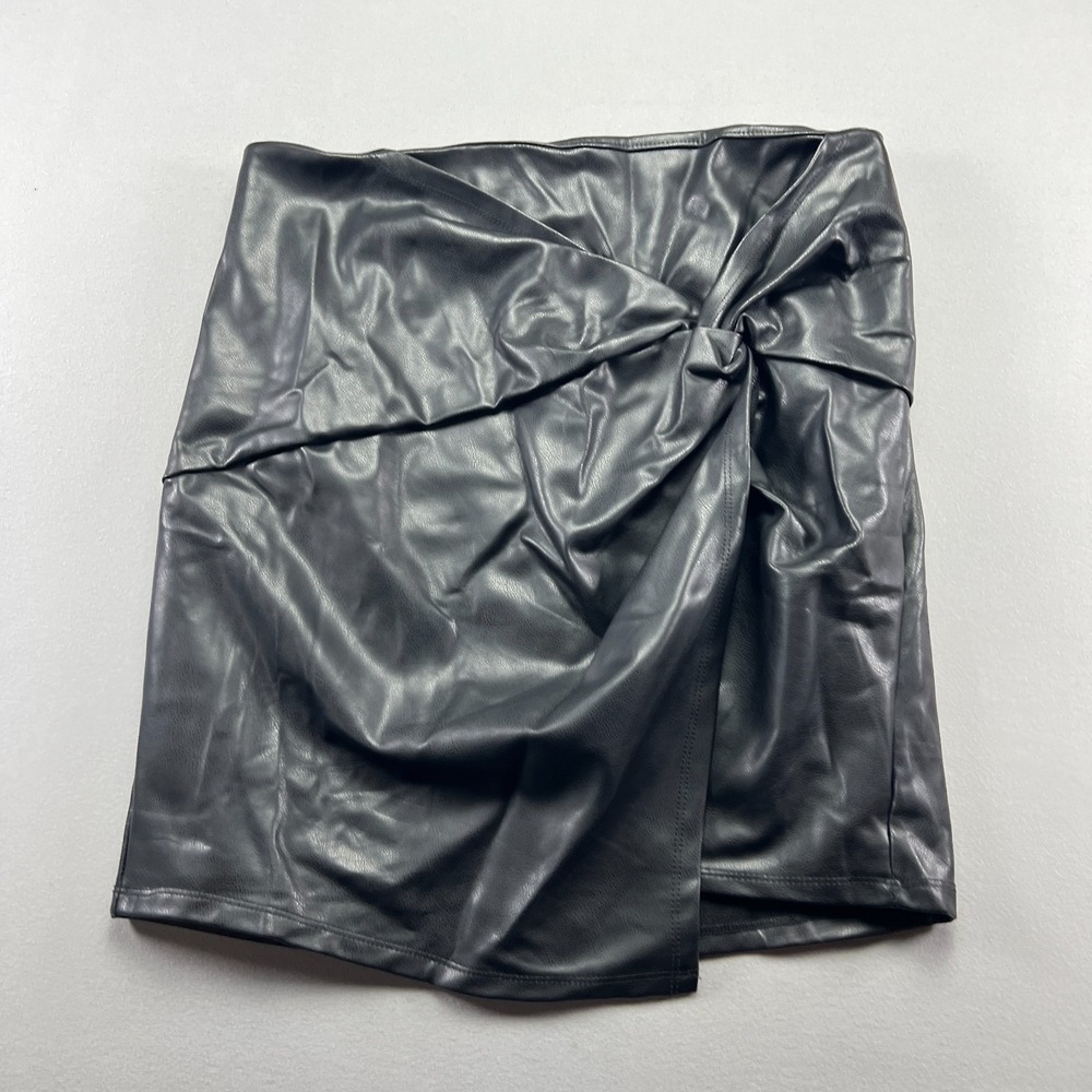 Iris Mini Skirt Womens Large Black Faux Leather Side Twisted Asymmetric Back Zip